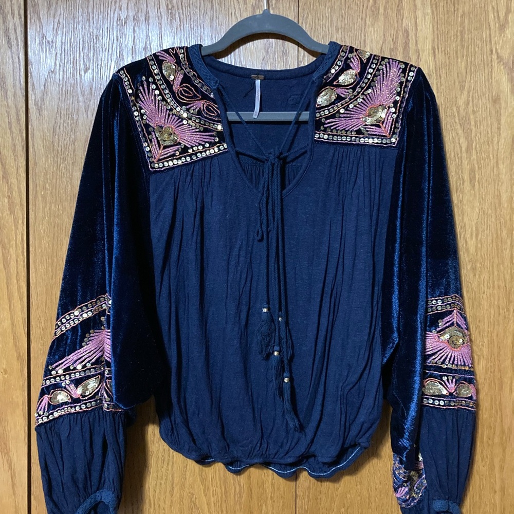 Embroidered Navy Blue Velvet Top